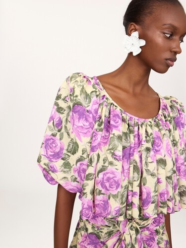 Top cropped con mangas abullonadas de jacquard de seda - 4
