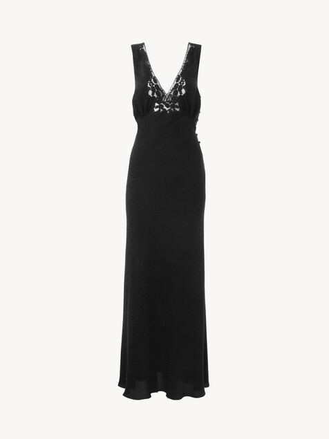 Sleeveless column dress in silk jacquard & lace