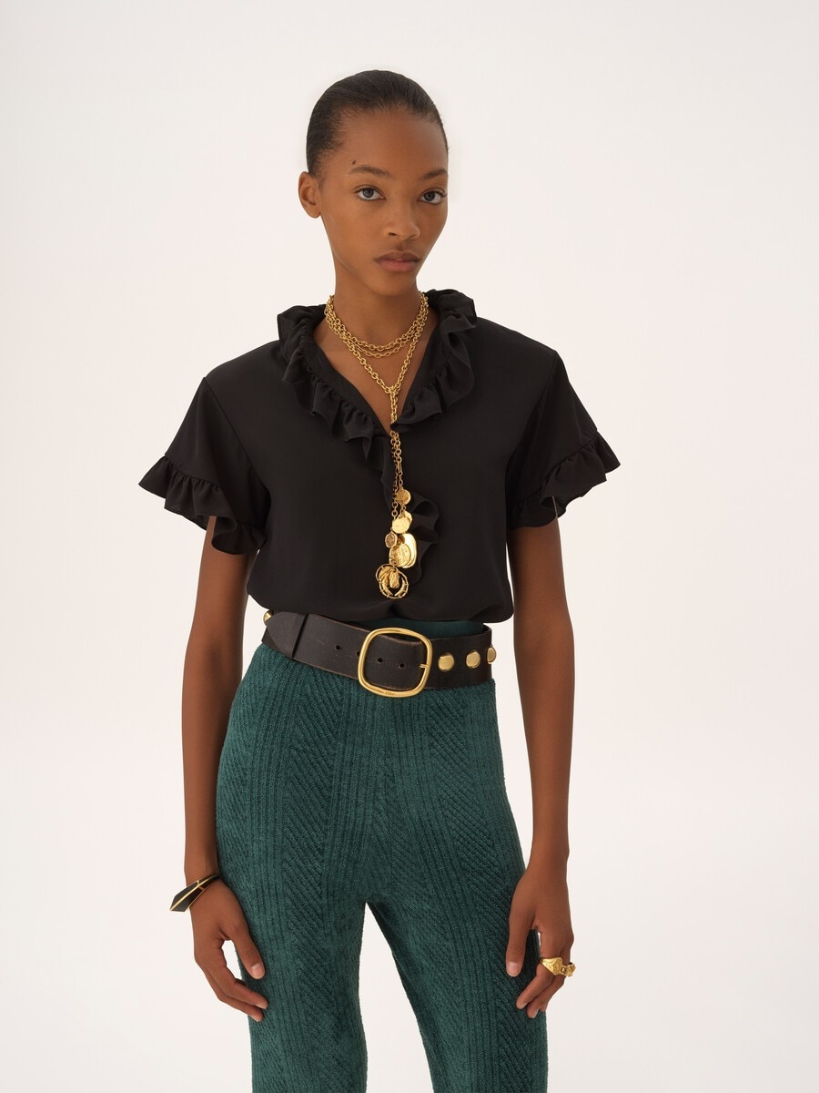 Short-sleeve ruffle top in cr&ecirc;pe de chine - 4
