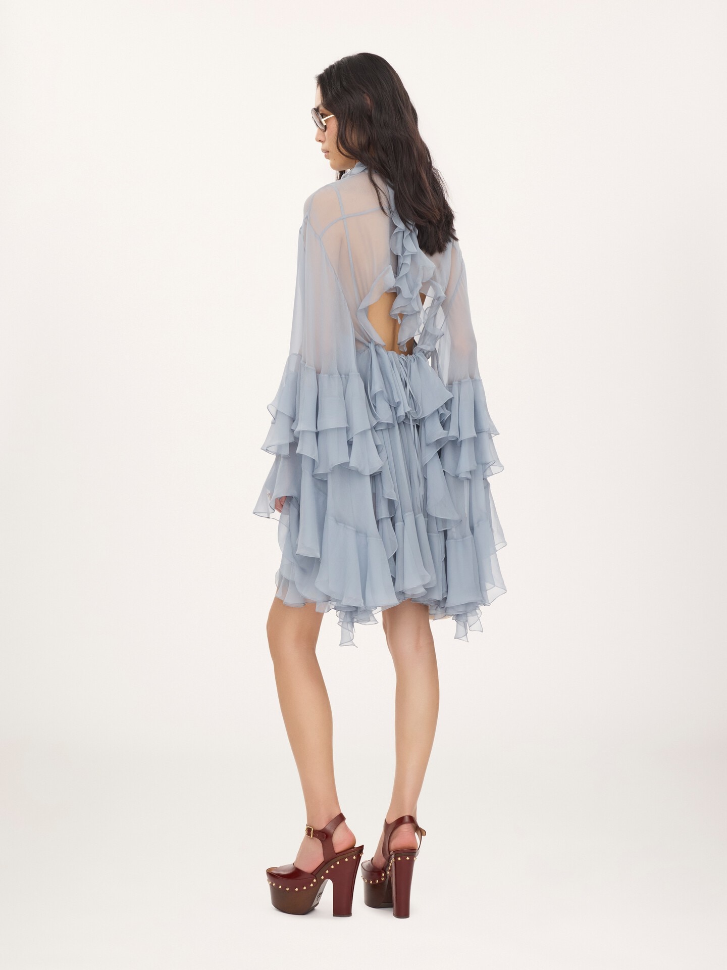 Ruffled mini dress in silk mousseline - 4.0