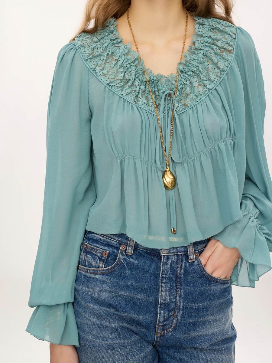 Top cropped de cuello redondo de georgette de seda y encaje - 5