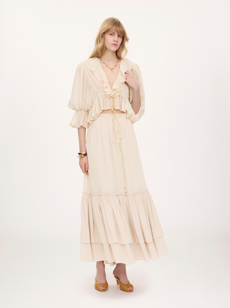 Ruffled long skirt in silk mousseline