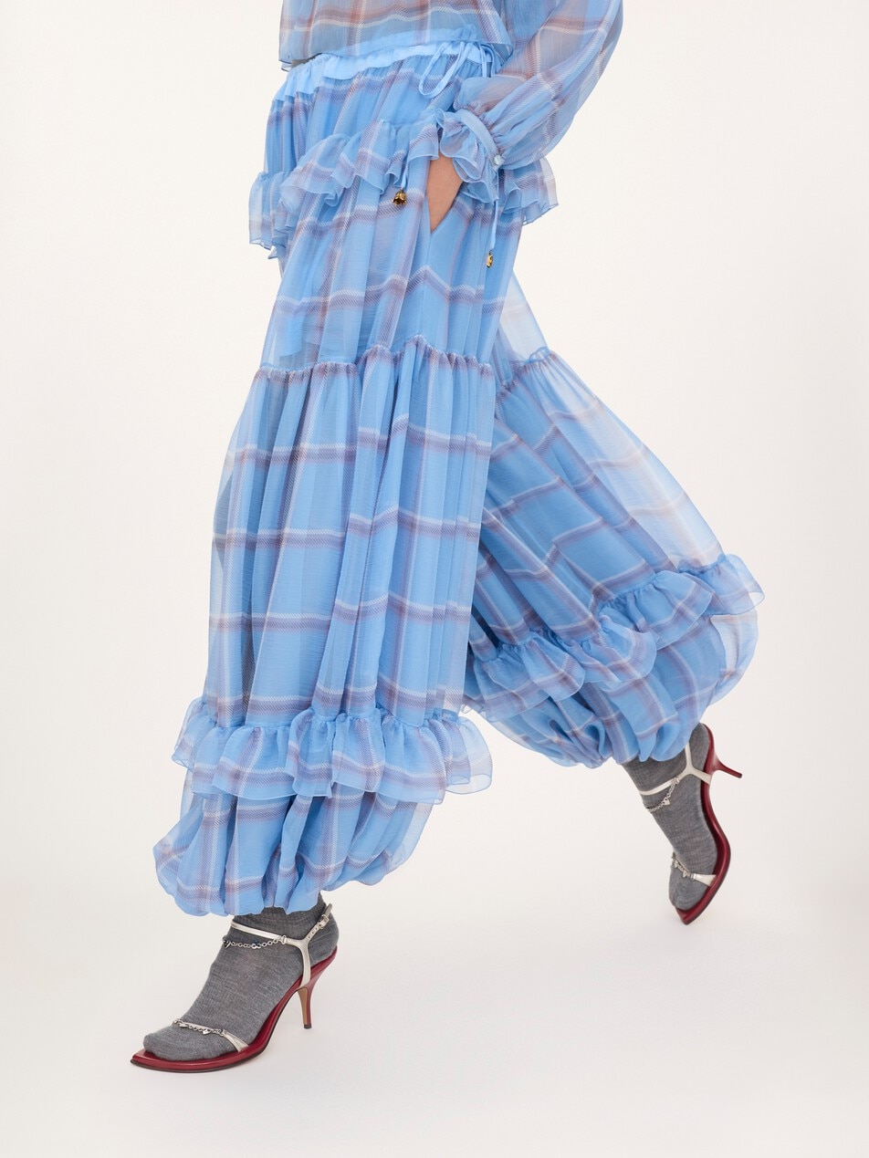 Fluid pleated pants in check silk mousseline