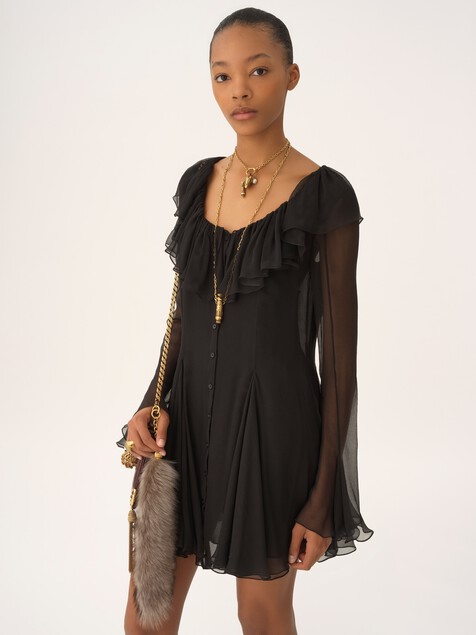 Flared mini dress in silk mousseline