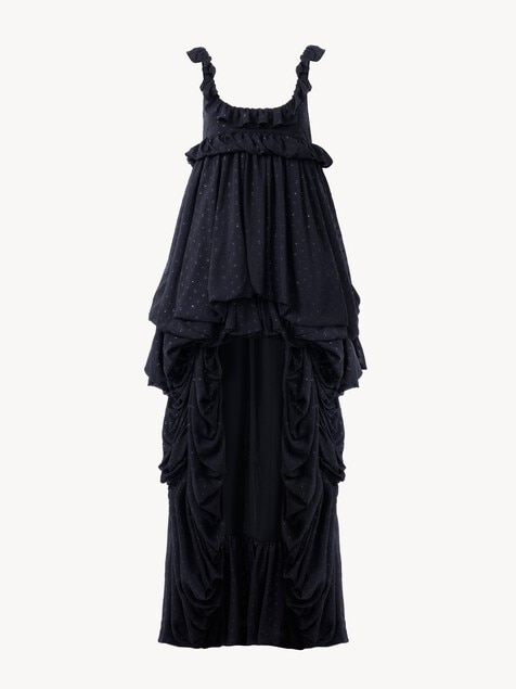 High-low sleeveless dress in silk georgette jacquard & lurex