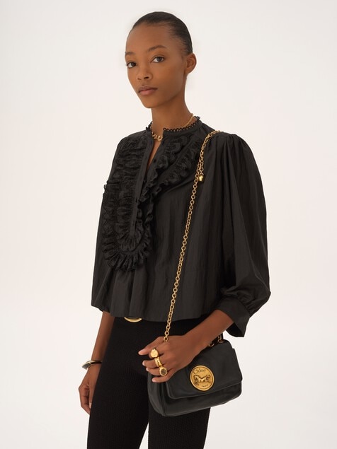 Gathered ruffle top in technical taffeta