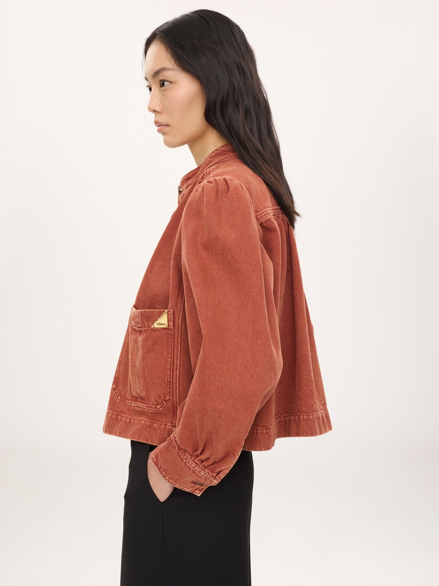 High-neck gathered jacket in denim - 6.0
