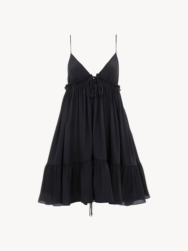 Thin-strap gathered mini dress in cr&ecirc;pe de chine - 1