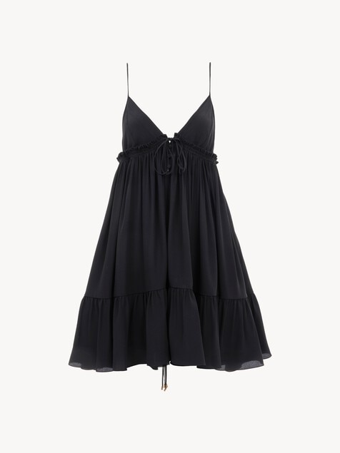 Thin-strap gathered mini dress in cr&ecirc;pe de chine