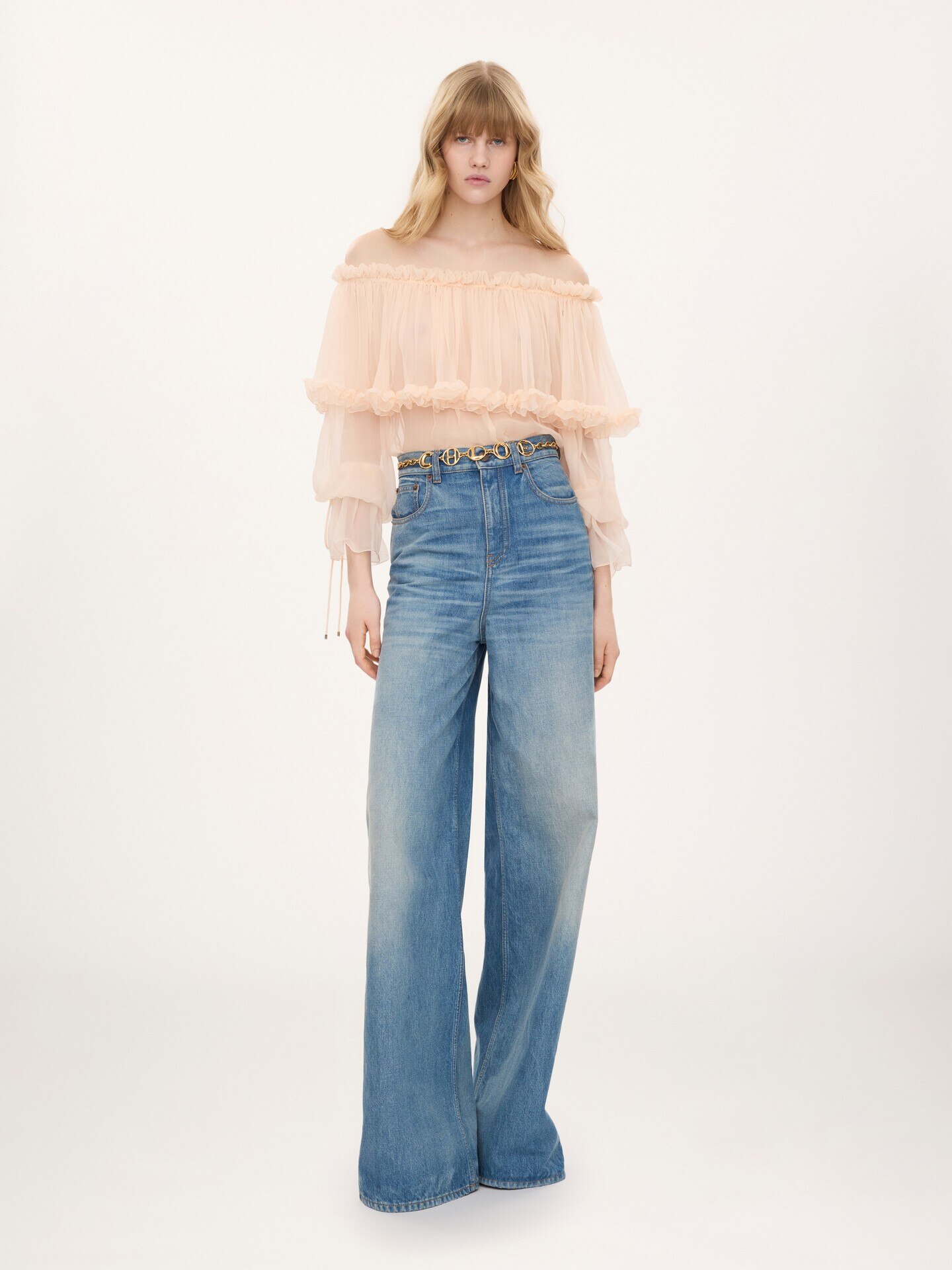 Top fluide encolure bardot &agrave; manches bouffante en mousseline de soie - 1.0