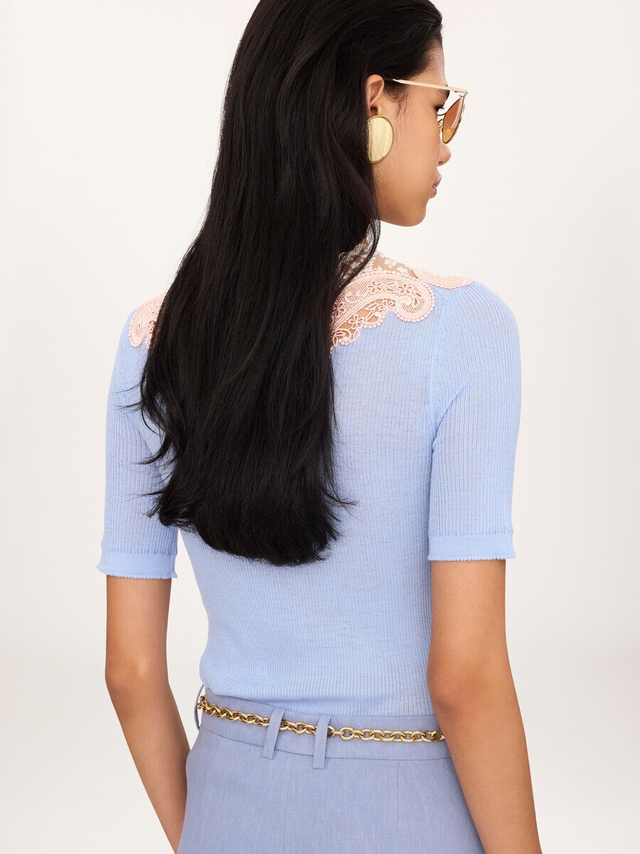 Elbow-sleeve fitted sweater in a wool knit & lace - 4