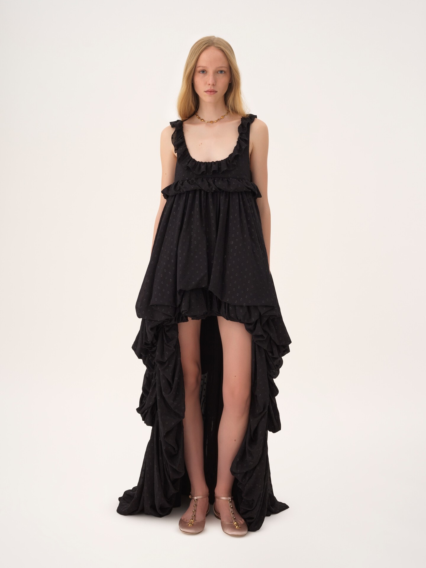 High-low sleeveless dress in silk georgette jacquard & lurex - 1.0