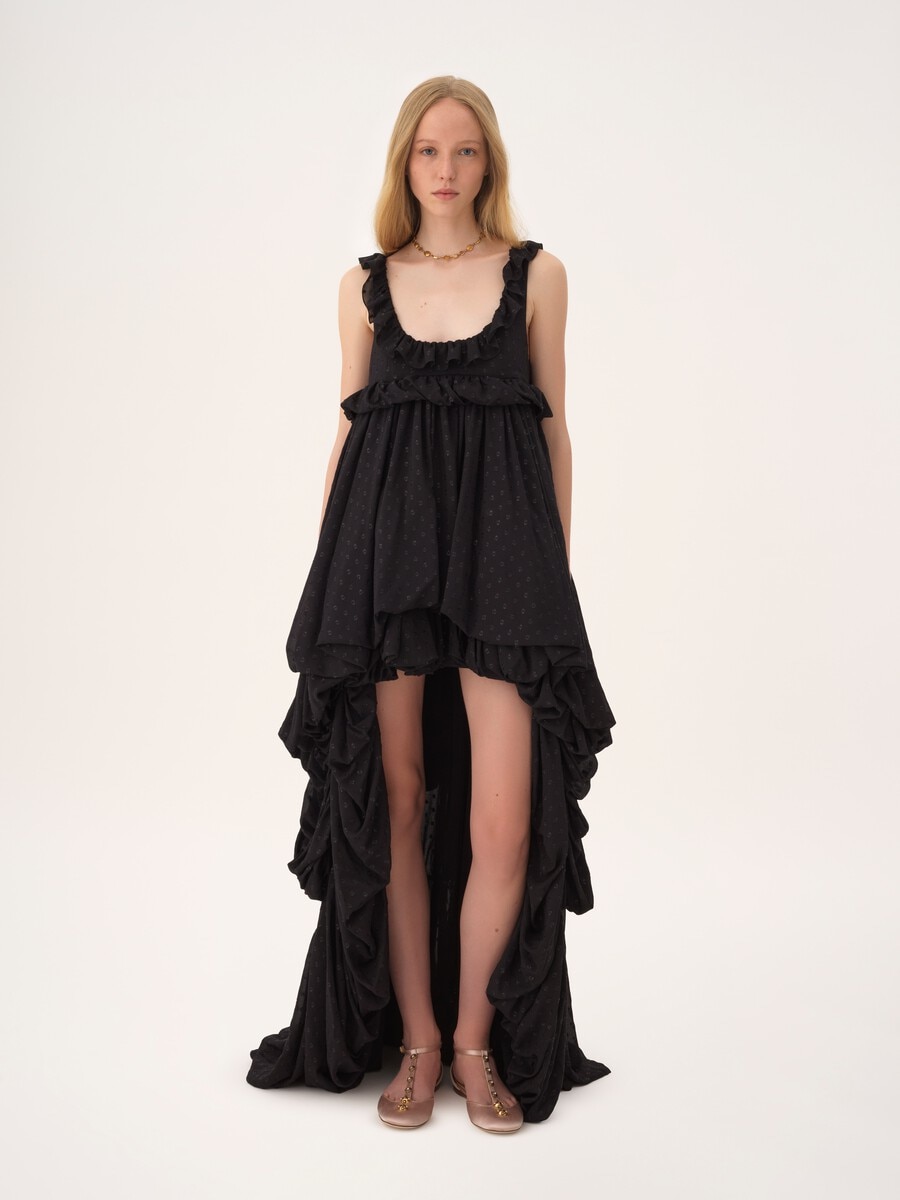High-low sleeveless dress in silk georgette jacquard & lurex - 1