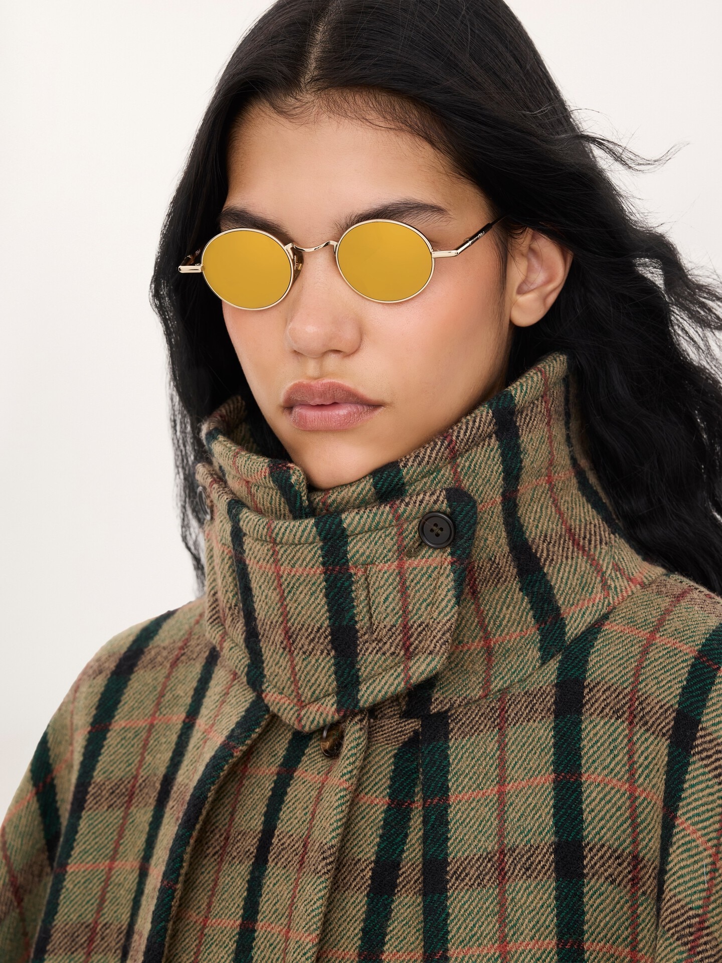 Manteau cape long &agrave; superpositions en laine bross&eacute;e &agrave; carreaux - 5.0