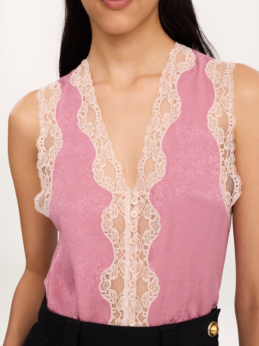 Sleeveless peplum top in silk jacquard & lace - 6