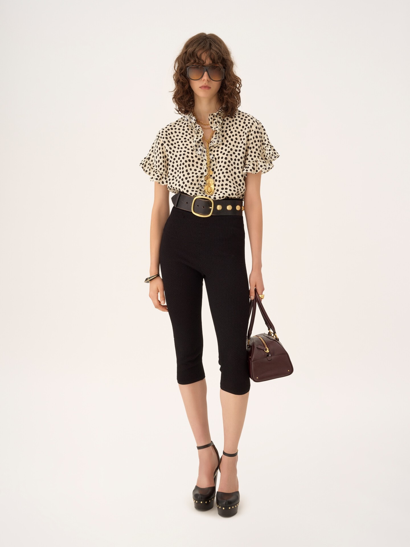 Short-sleeve ruffle top in cr&ecirc;pe de chine - 1.0