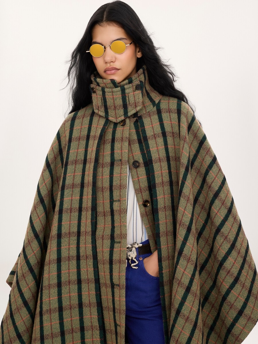 Manteau cape long &agrave; superpositions en laine bross&eacute;e &agrave; carreaux - 3