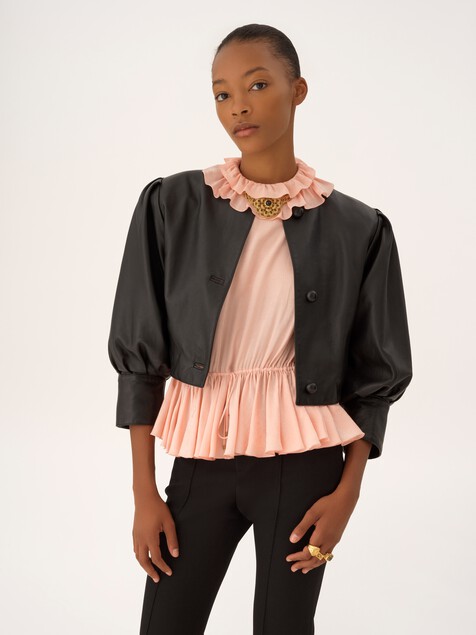 Drawstring ruffle top in jacquard silk