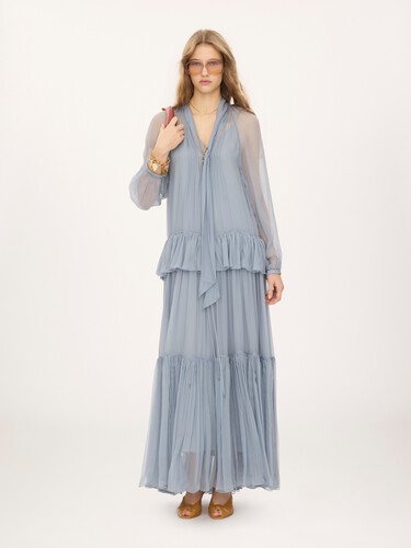 Fluid lavalli&egrave;re long dress in silk mousseline - 3