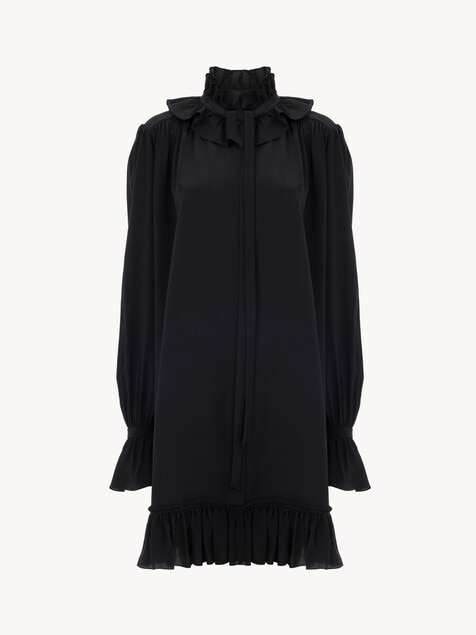 Long-sleeve mini dress in cr&ecirc;pe de chine