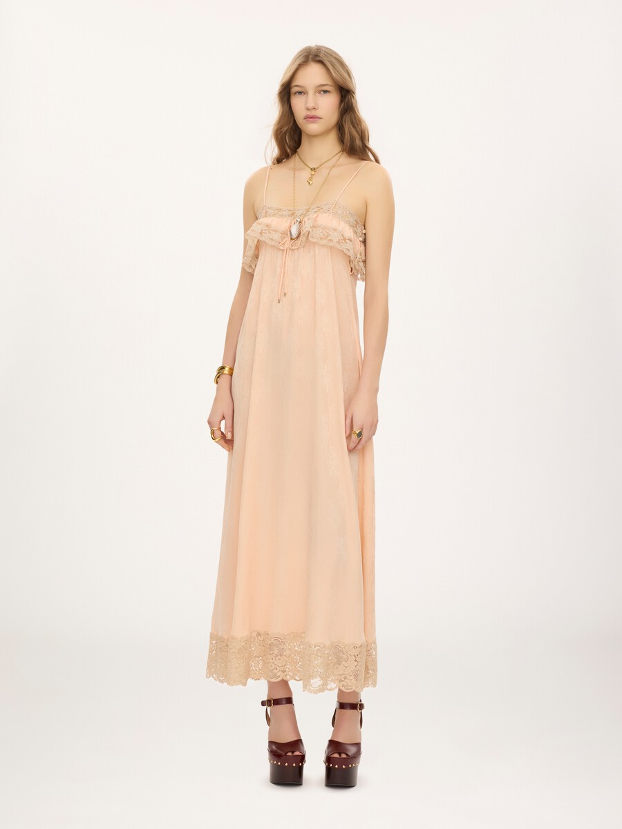 Thin-strap long dress in silk jacquard & lace - 1
