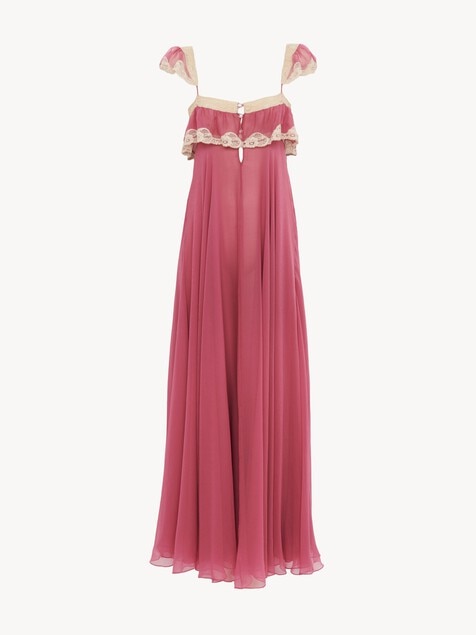 Fluid long dress in silk mousseline & lace