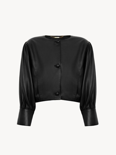 Cropped collarless jacket in leather - 2