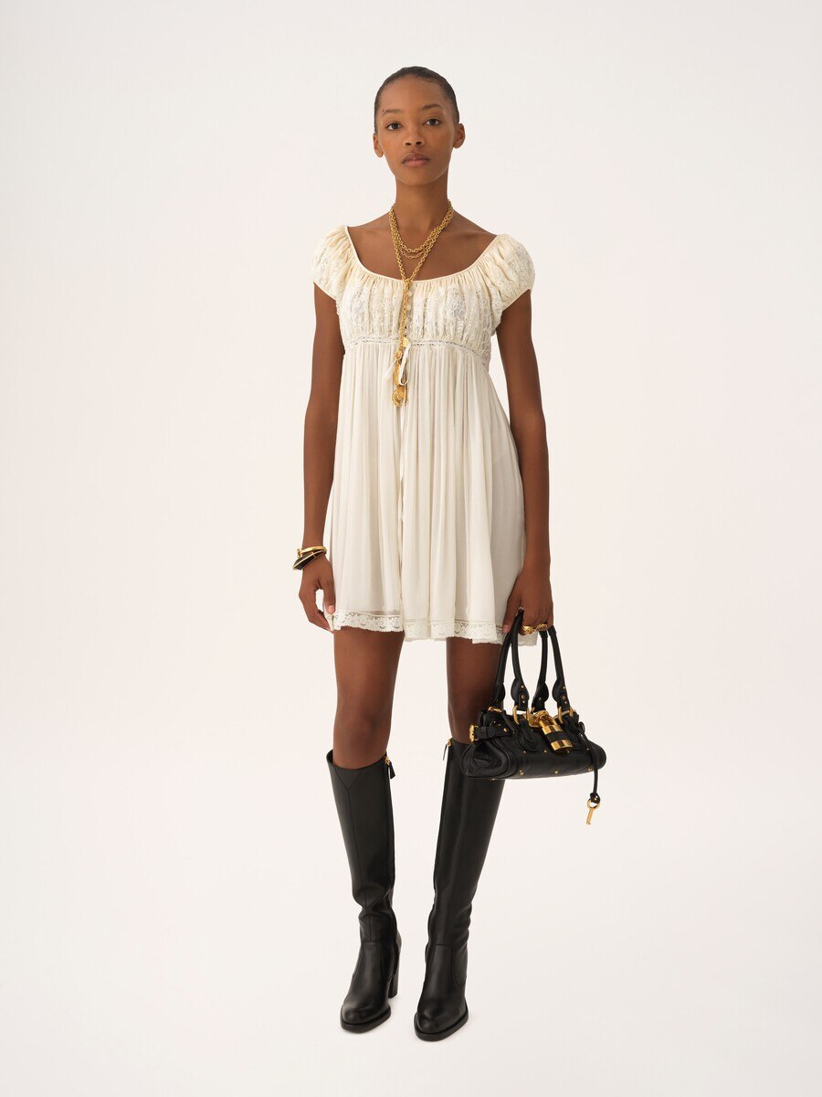 Short-sleeve mini dress in silk mousseline & lace - 3