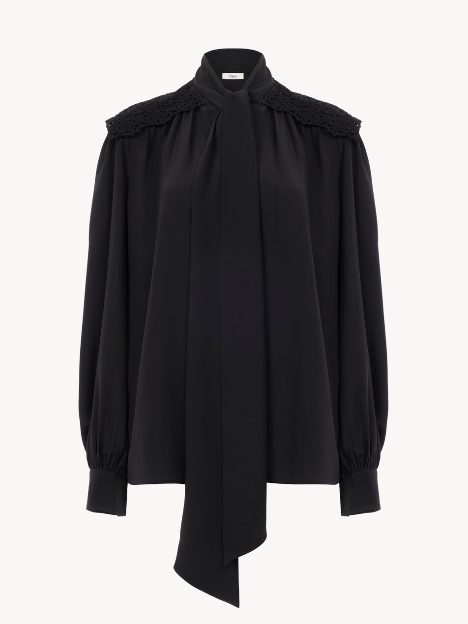 Gathered scarf-tie blouse in cr&ecirc;pe de chine & lace