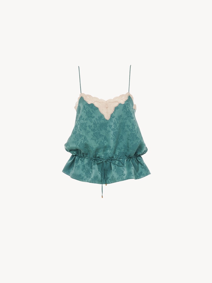 Drawstring camisole top in silk jacquard & lace - 1