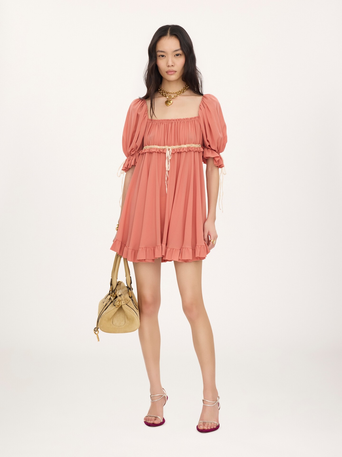 Puff-sleeve mini dress in silk georgette - 1.0