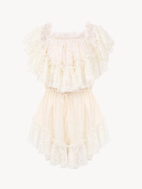 Off-the-shoulder mini jumpsuit in washed silk satin & lace