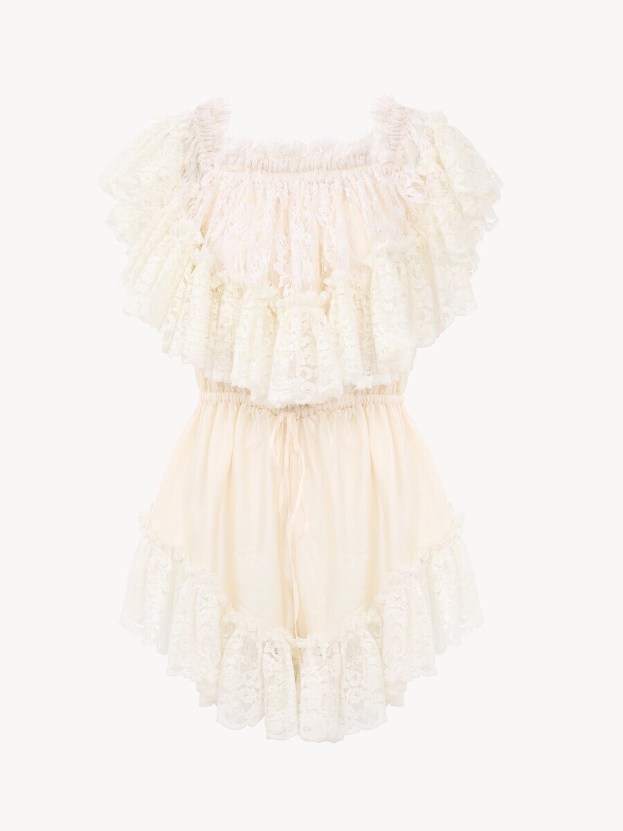 Off-the-shoulder mini jumpsuit in washed silk satin & lace - 2