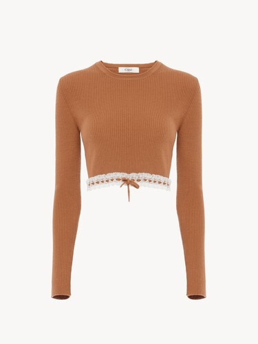 Cropped fitted sweater in a wool knit & lace - 2