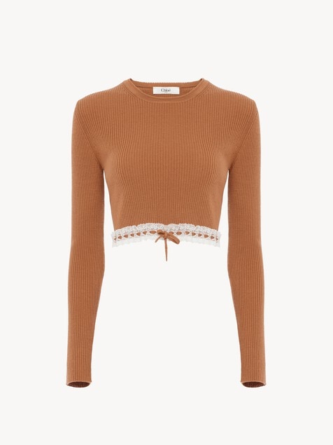 Cropped fitted sweater in a wool knit & lace