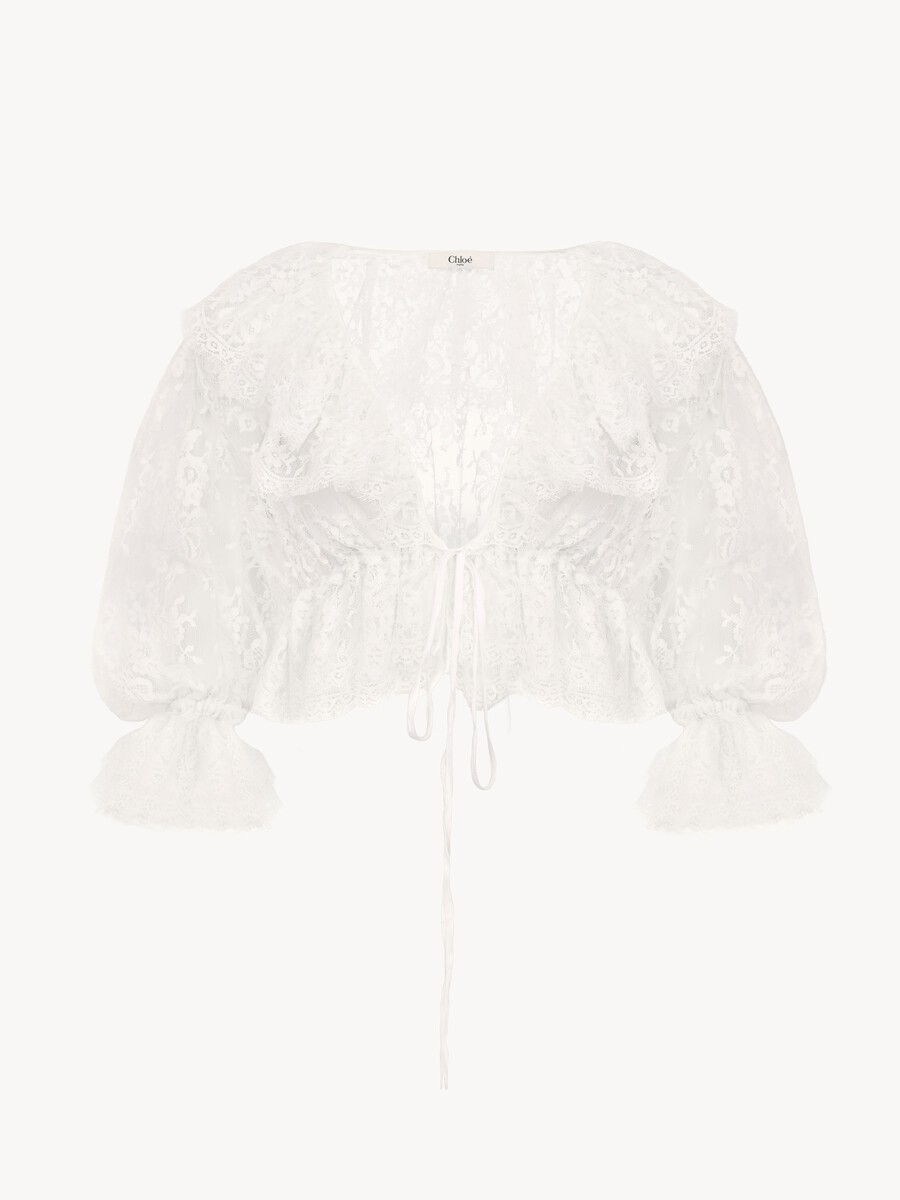 Top cropped de encaje con cuello en V y volantes - 2