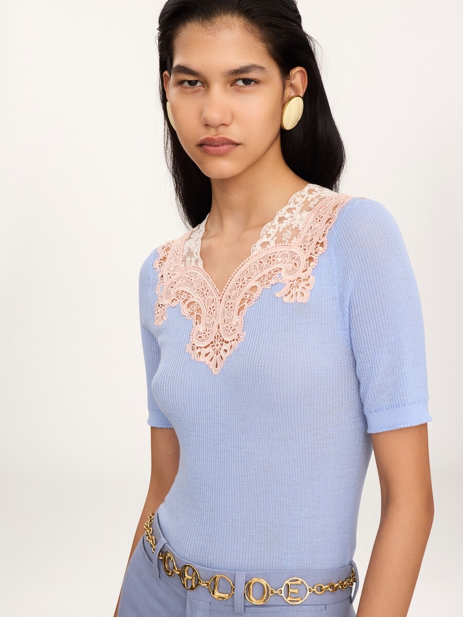 Elbow-sleeve fitted sweater in a wool knit & lace - 7