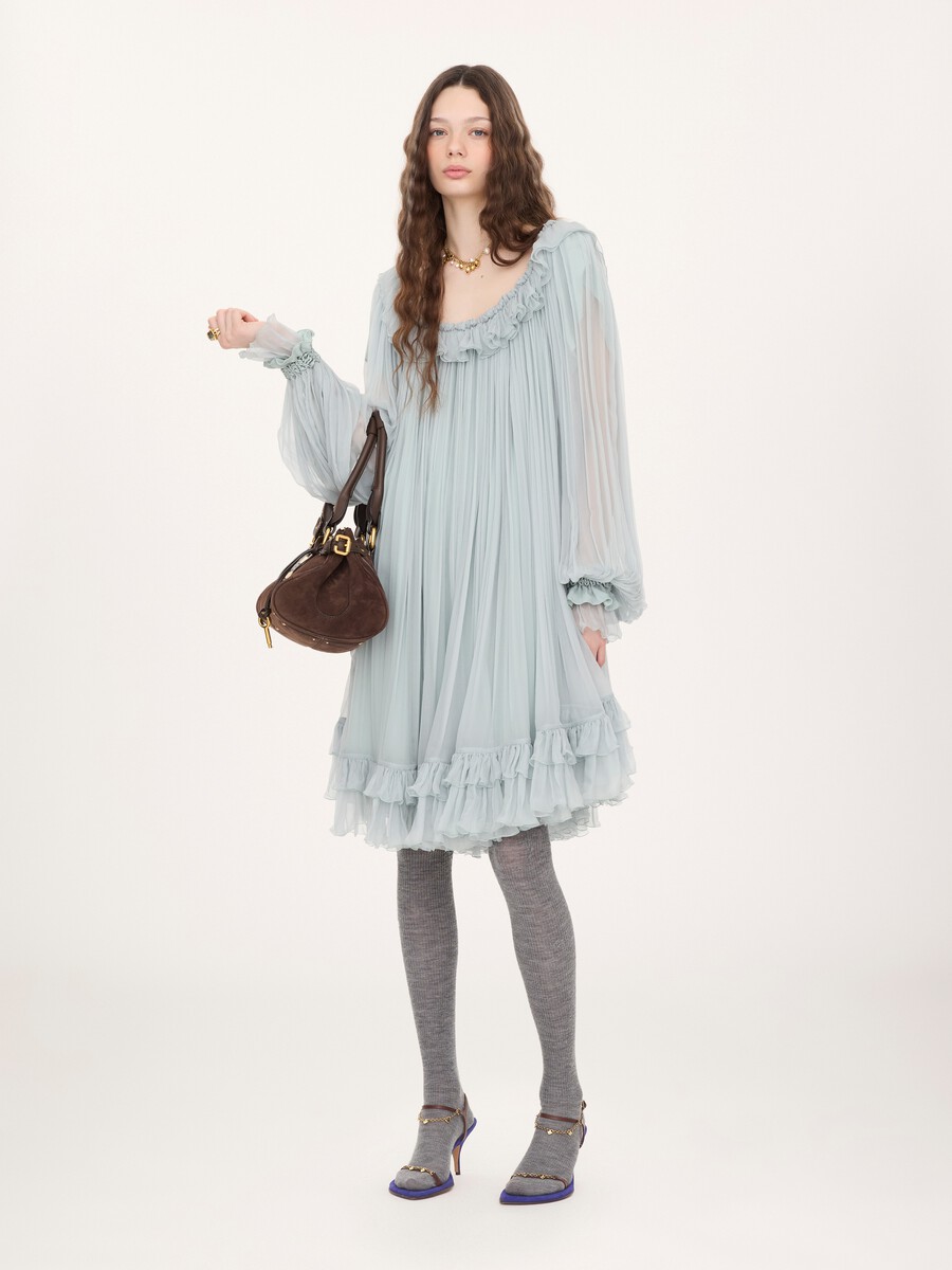 Gathered mini dress in silk mousseline - 1
