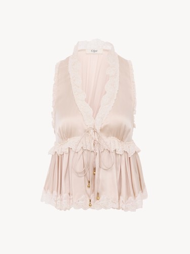 Tie-front sleeveless top in washed silk satin & lace - 2