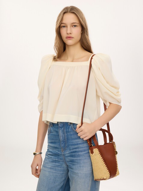 Petit sac cabas Chlo&eacute; Spin en textile effet raphia et cuir