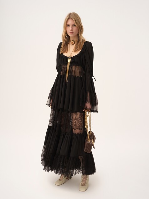 Tiered long skirt in silk georgette & lace