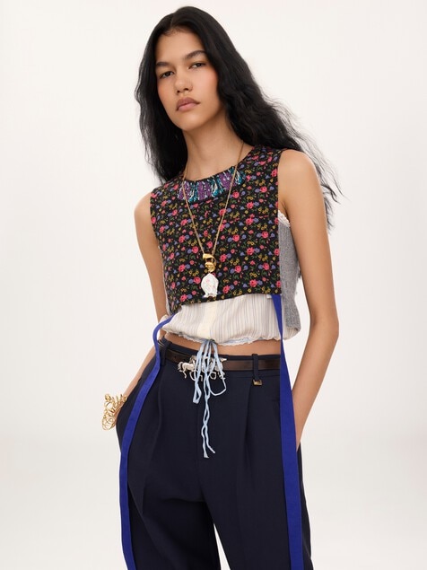 Hybrid cropped top in cr&ecirc;pe de chine
