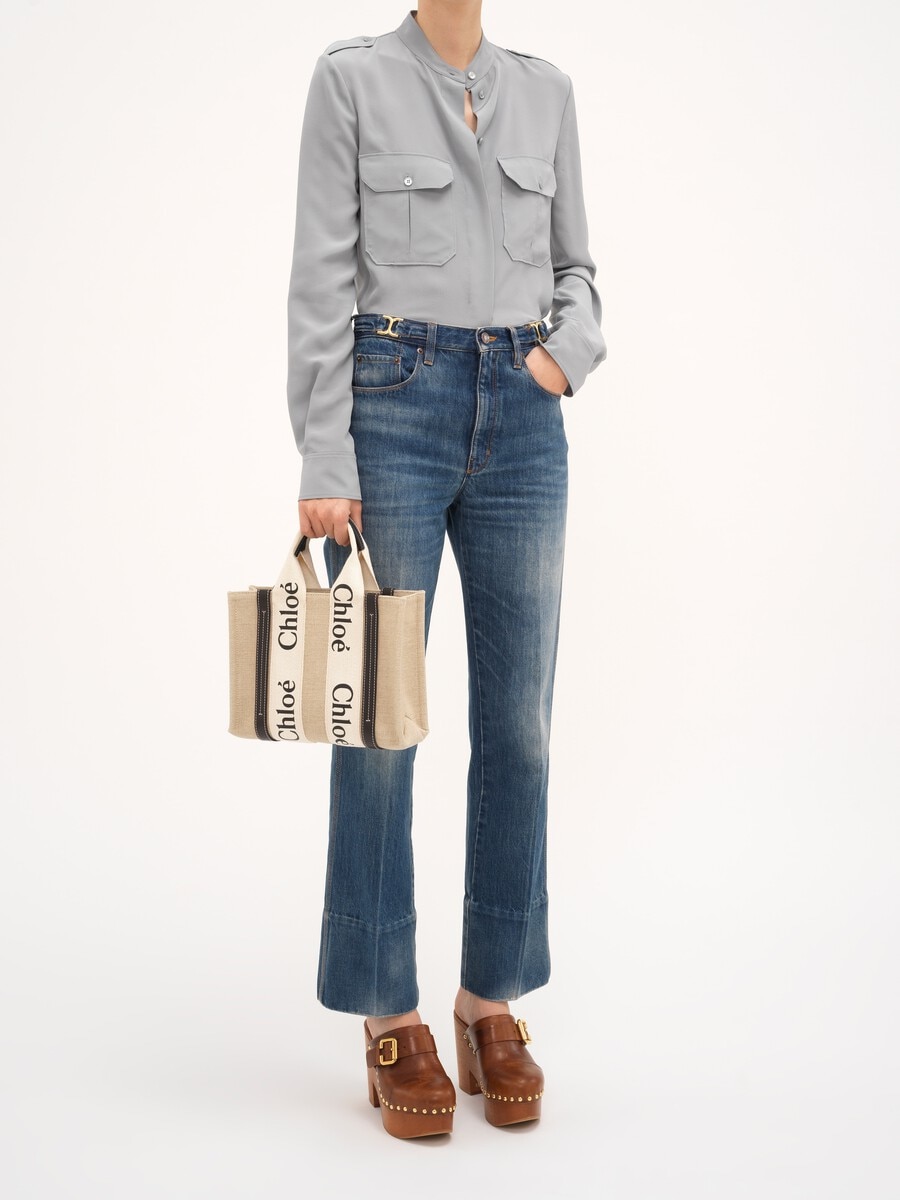Small Woody tote bag in linen - 8