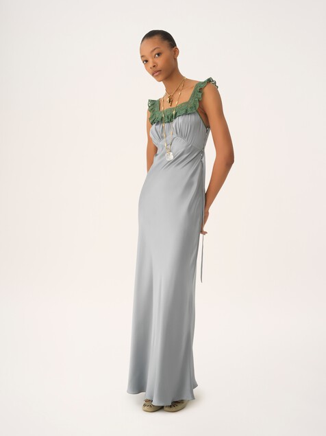 Sleeveless column dress in washed silk satin & lace
