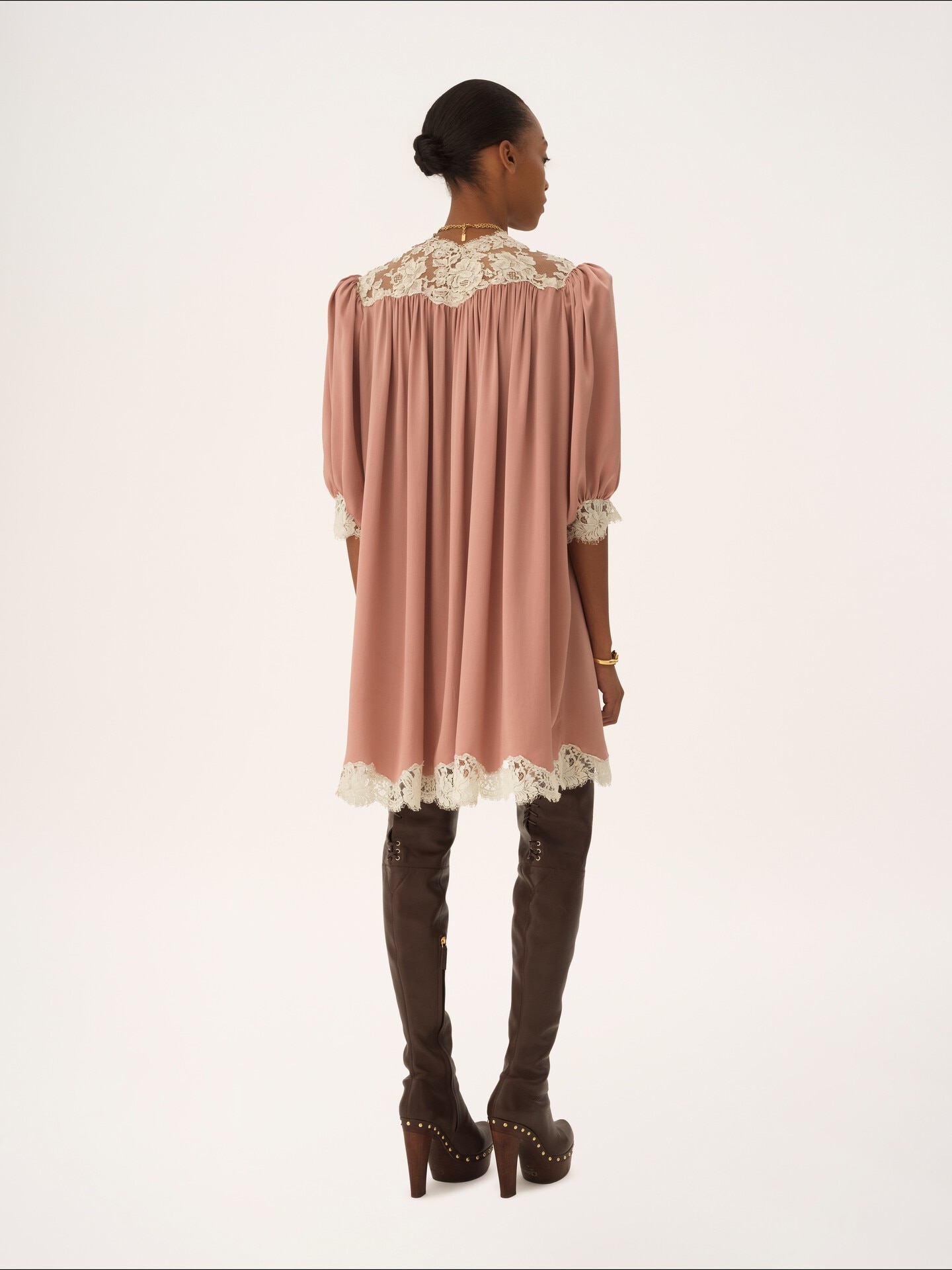 Gathered V-neck mini dress in washed silk satin & lace - 3.0