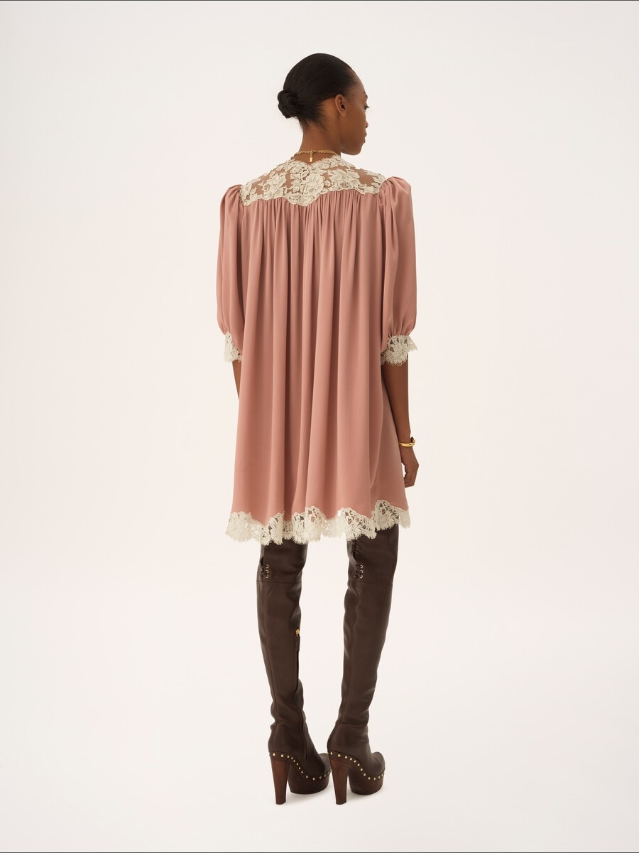 Gathered V-neck mini dress in washed silk satin & lace - 3