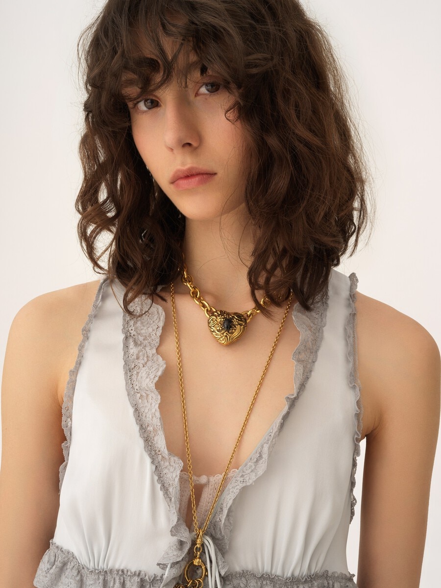 Tie-front sleeveless top in washed silk satin & lace - 8