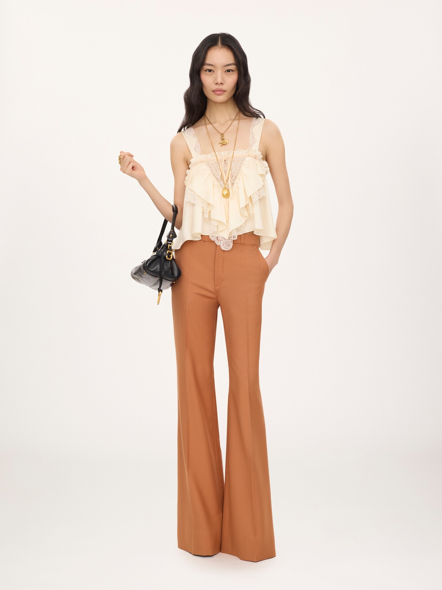 Sleeveless ruffle top in washed silk satin & lace - 1.0