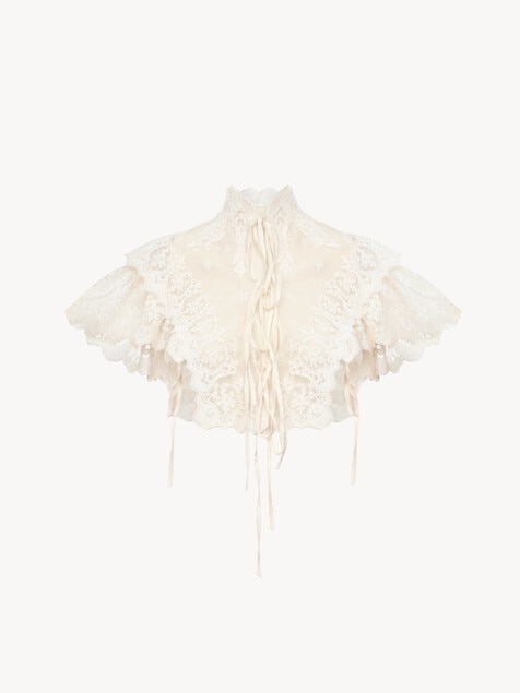 Top cropped de cuello alto de tul de algod&oacute;n y encaje