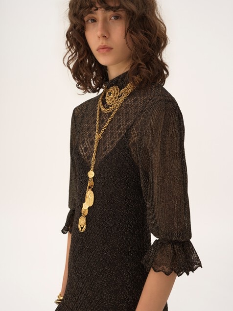 Ruffled puff-sleeve mini dress in a lurex knit